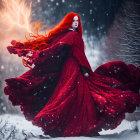 Vibrant red-haired woman in crimson gown in snowy scene with lightning