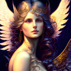 Ethereal woman with flowing hair and white wings on dark background