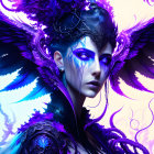 Fantasy figure with purple and black feathered wings and blue facial markings