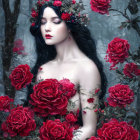 Porcelain-skinned woman with dark hair and red flowers among vibrant roses in snowy scene