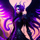 Intricate dark purple armor character with wings on purple backdrop