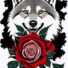 Detailed Wolf Face with Red Rose on White Background