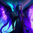 Dark-armored figure with vibrant purple wings on blue background