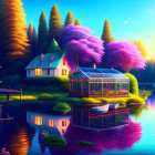 Colorful lakeside scene with house, greenery, glasshouse, boat at sunset