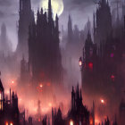 Gothic Night Cityscape: Full Moon, Tall Spires, Red Glow, Flying Creature