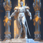 Armored warrior statue in grand hall with columns and lanterns