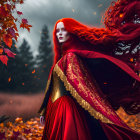 Vibrant Red-Haired Woman in Crimson Cape and Dress Among Autumn Leaves