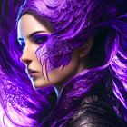 Purple Fantasy Woman with Ornate Features and Swirling Patterns in Vivid Sculptural Mane