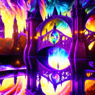 Colorful Fantasy Landscape with Swirling Skies, Ornate Bridge, Celestial Bodies, and Illum