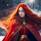 Woman with flowing red hair and regal red cloak in snowy forest gaze captivating amid snowflakes