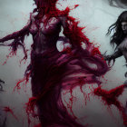 Dark mystical figures with glowing purple patterns in vibrant red setting