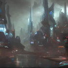 Futuristic cityscape with sleek skyscrapers and flying vehicles