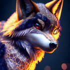 Stylized fox digital art with geometric patterns in deep blue palette