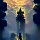 Fantastical sunset landscape with towering spires and radiant sky