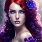 Vibrant red hair woman with purple flowers, blue eyes, bold makeup