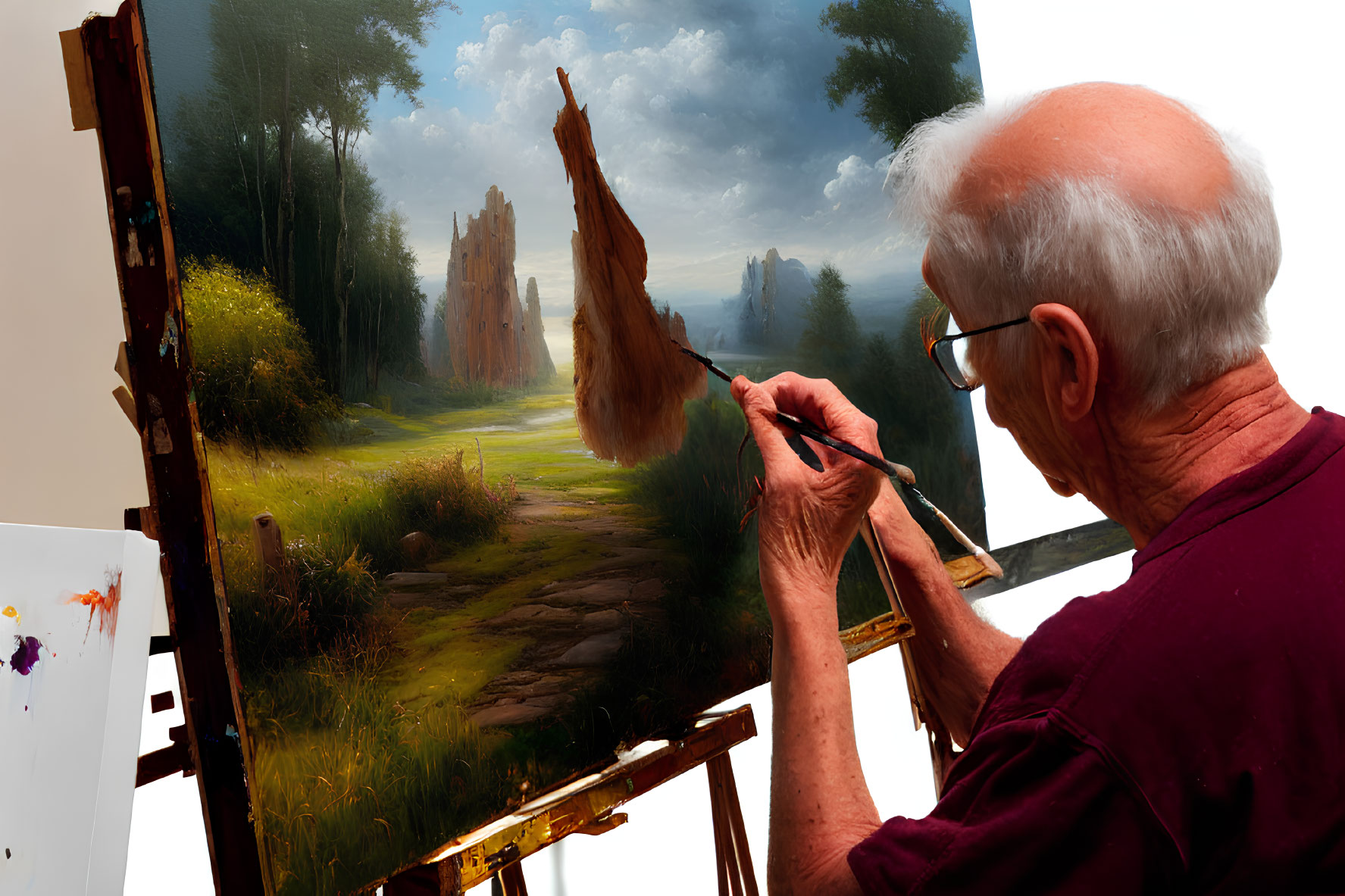 Elderly artist paints sunlit path with ancient ruins in lush landscape