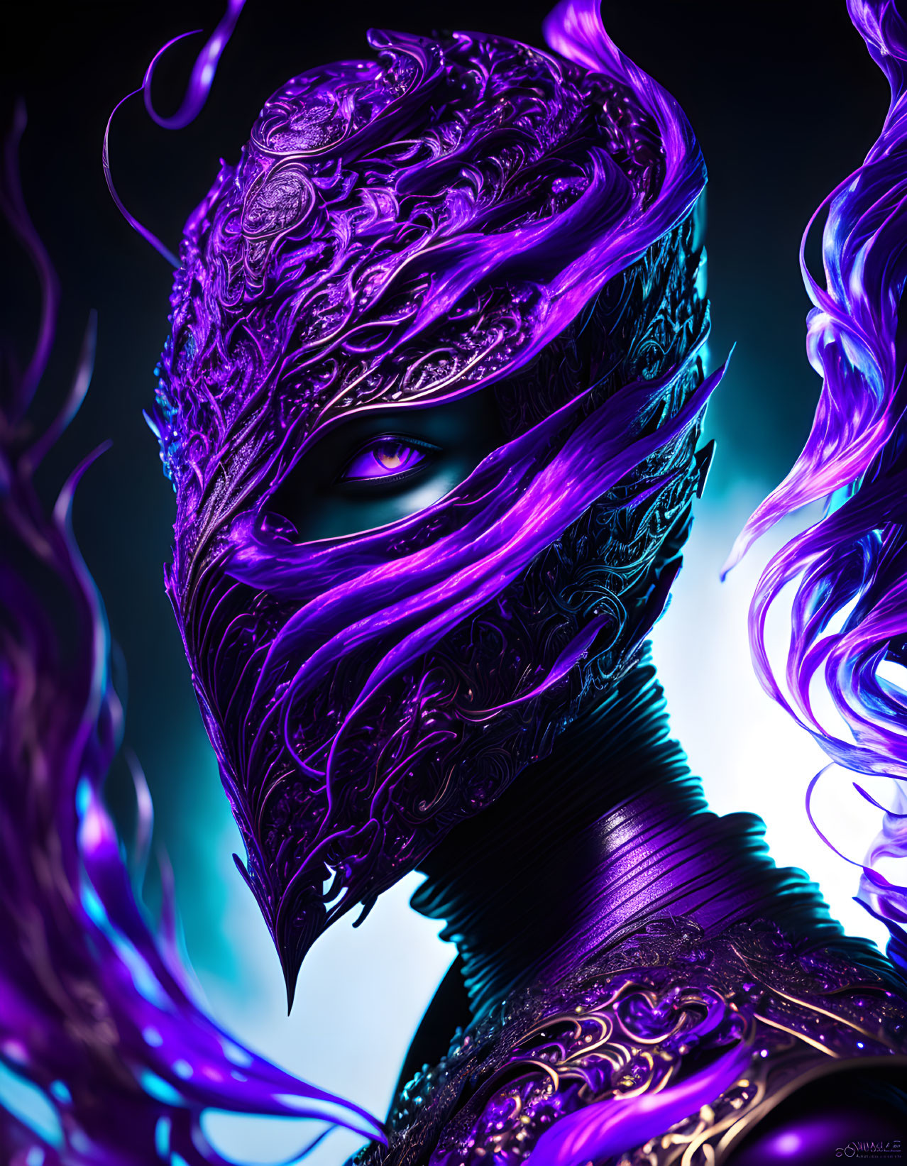 Intricate Purple and Black Mask with Elaborate Designs and Single Visible Eye