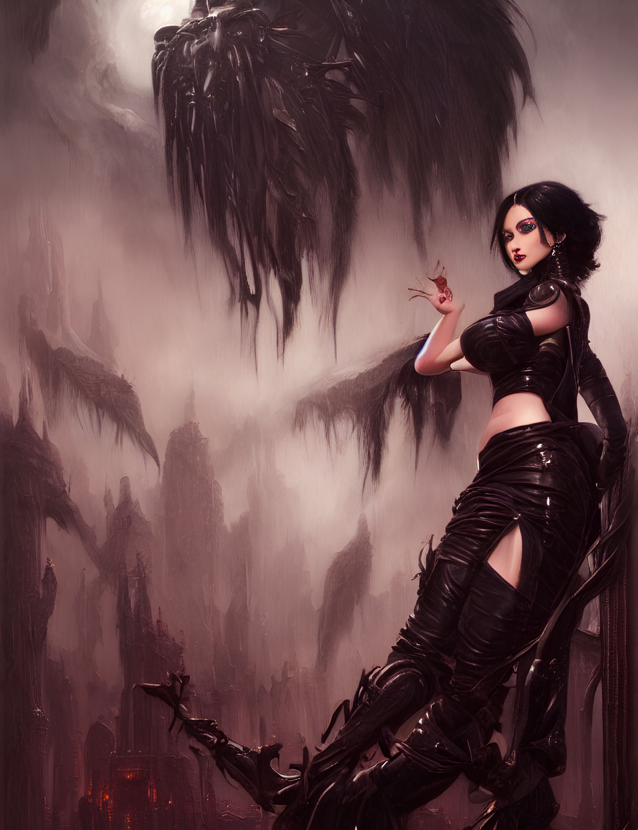 Gothic woman with black wings perched on spire in foggy cityscape