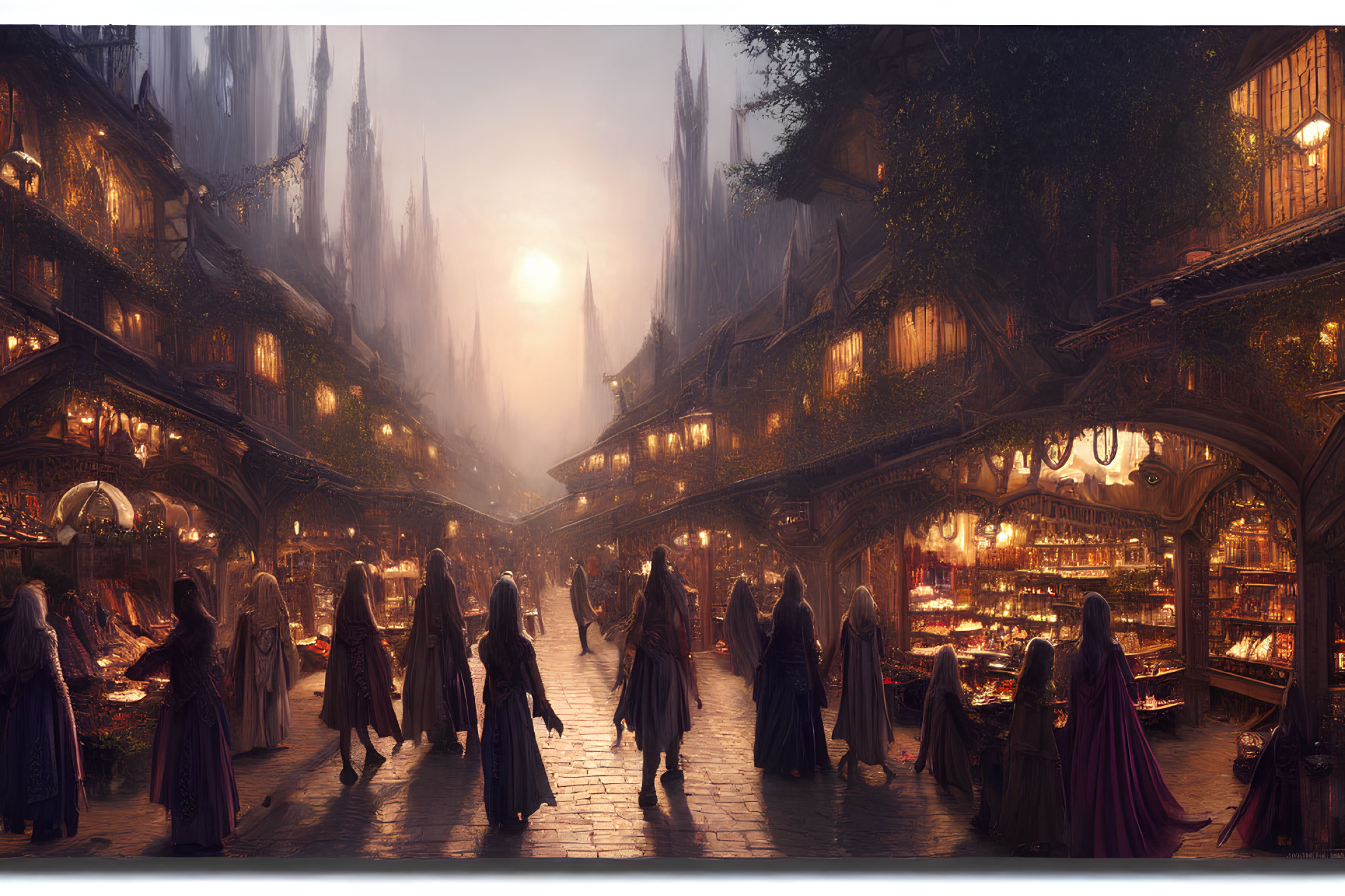 Cloaked figures in medieval market street at dusk