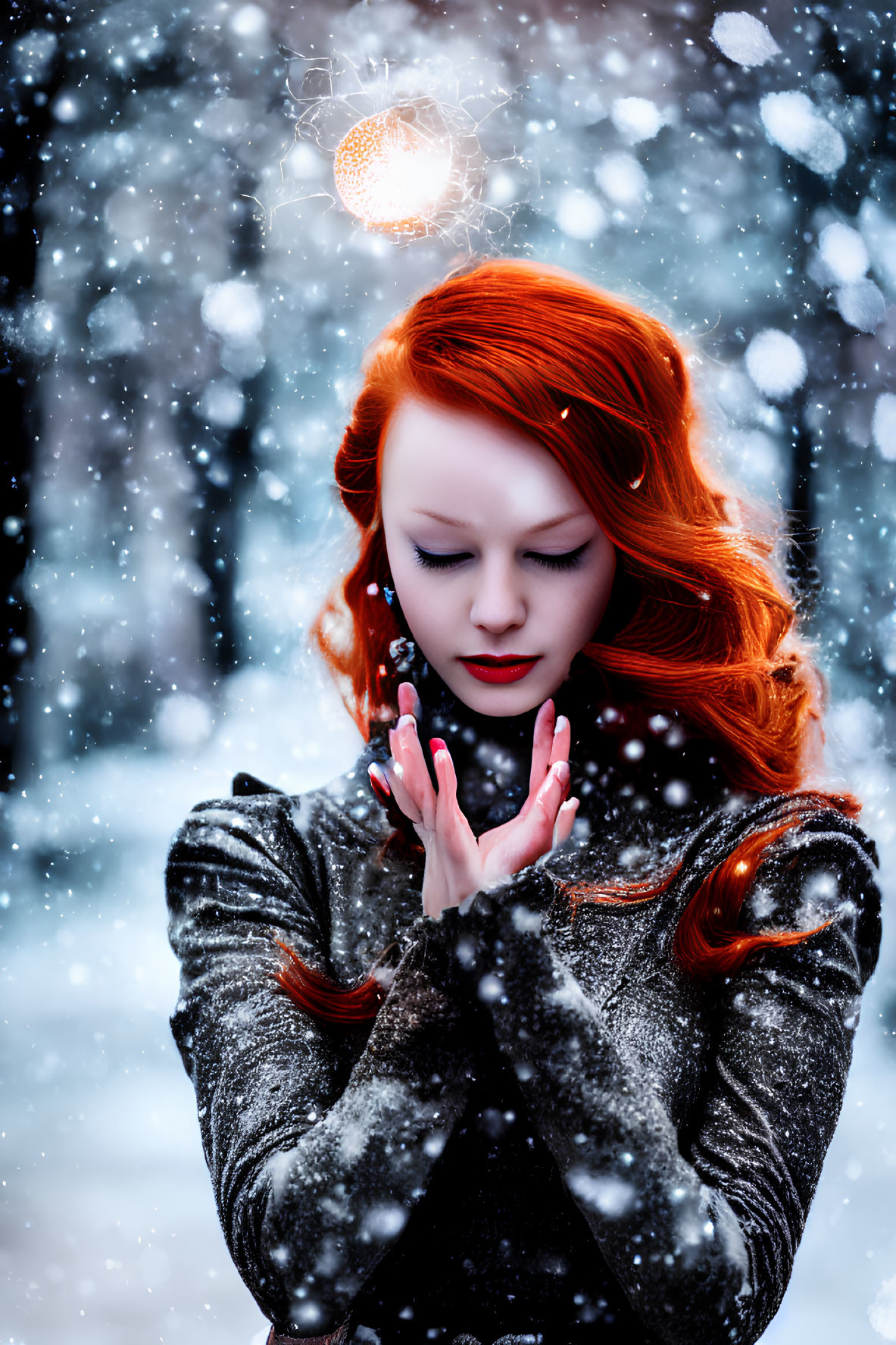 Red-haired woman in sparkly jacket holding glowing orb in falling snow