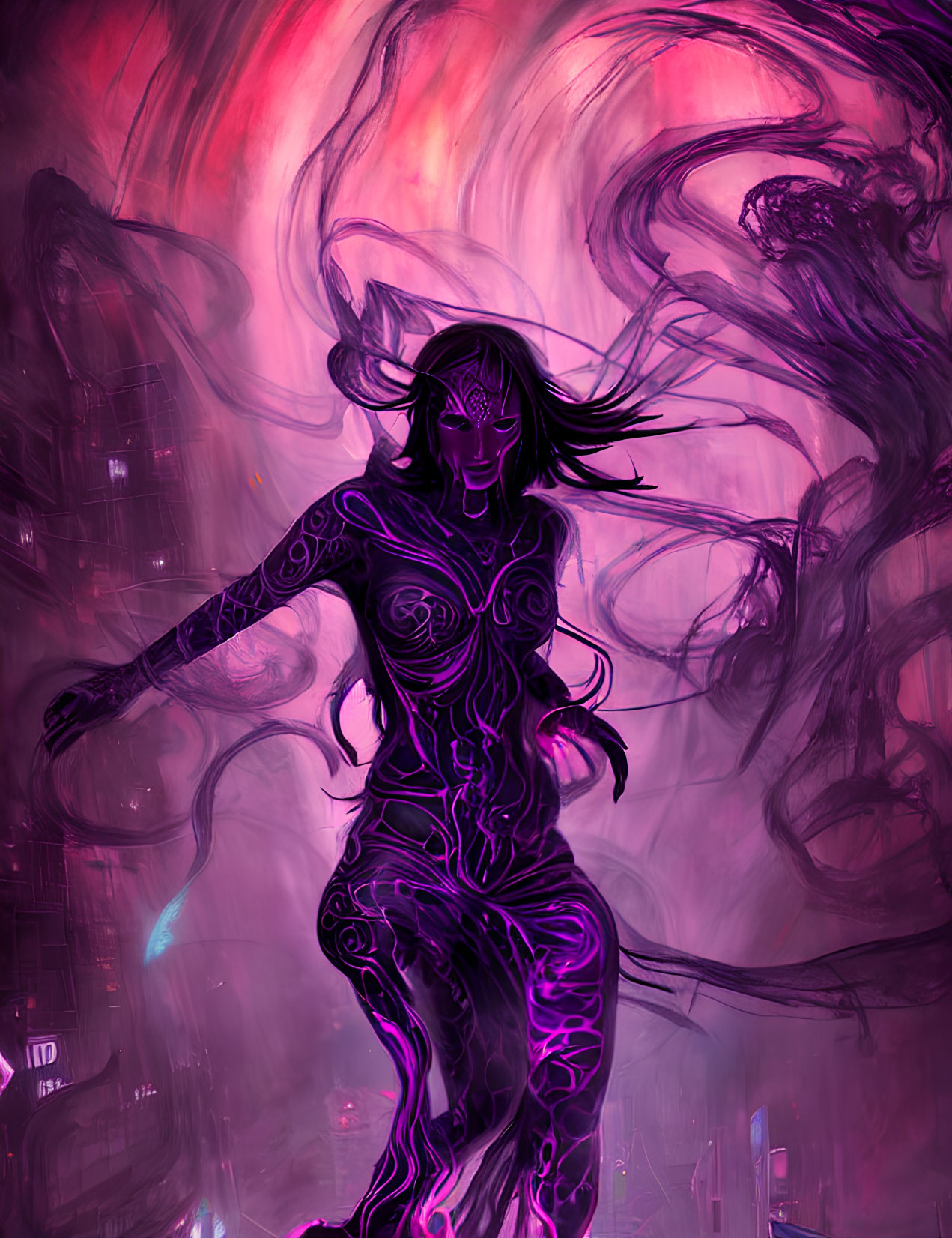 Colorful illustration of figure with glowing purple patterns against crimson and black backdrop