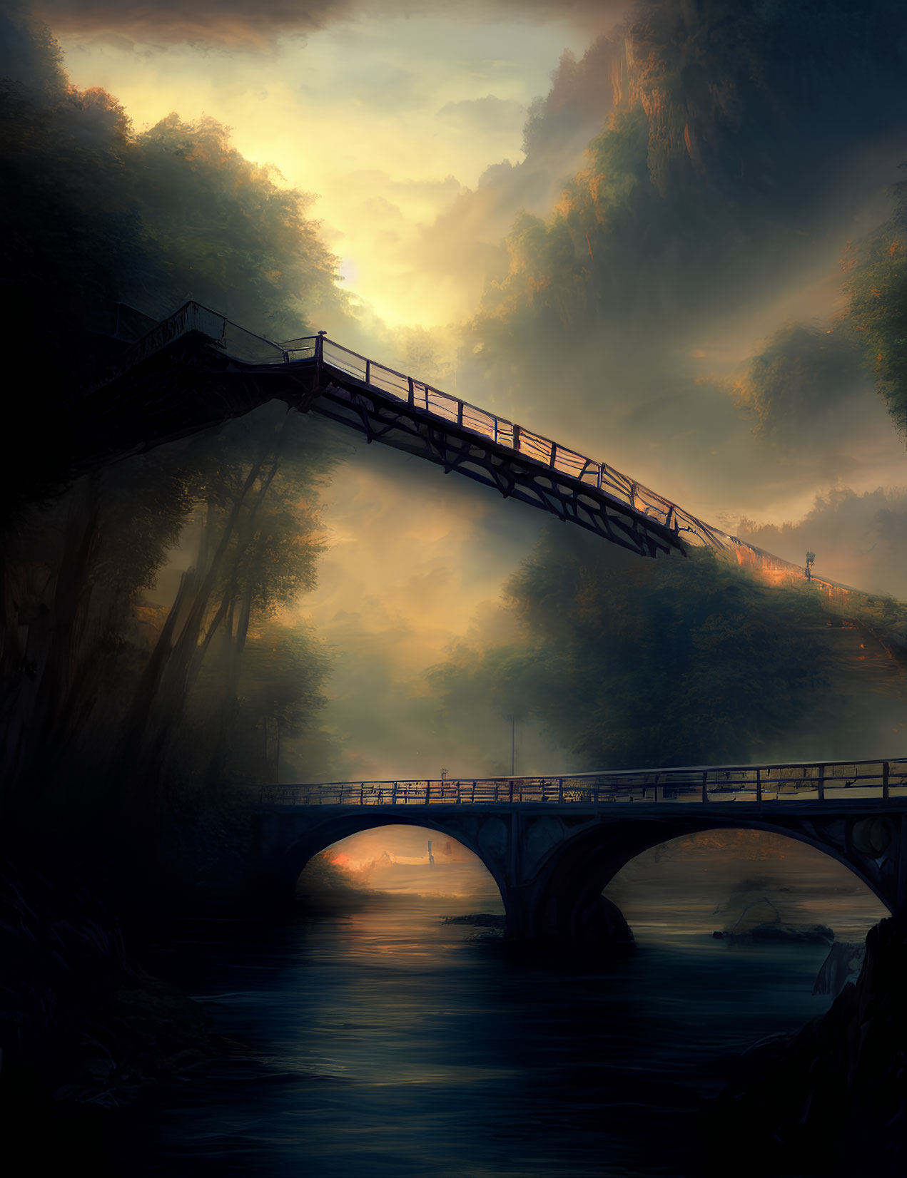 Ethereal sunrise over wooden and stone bridges crossing gentle river