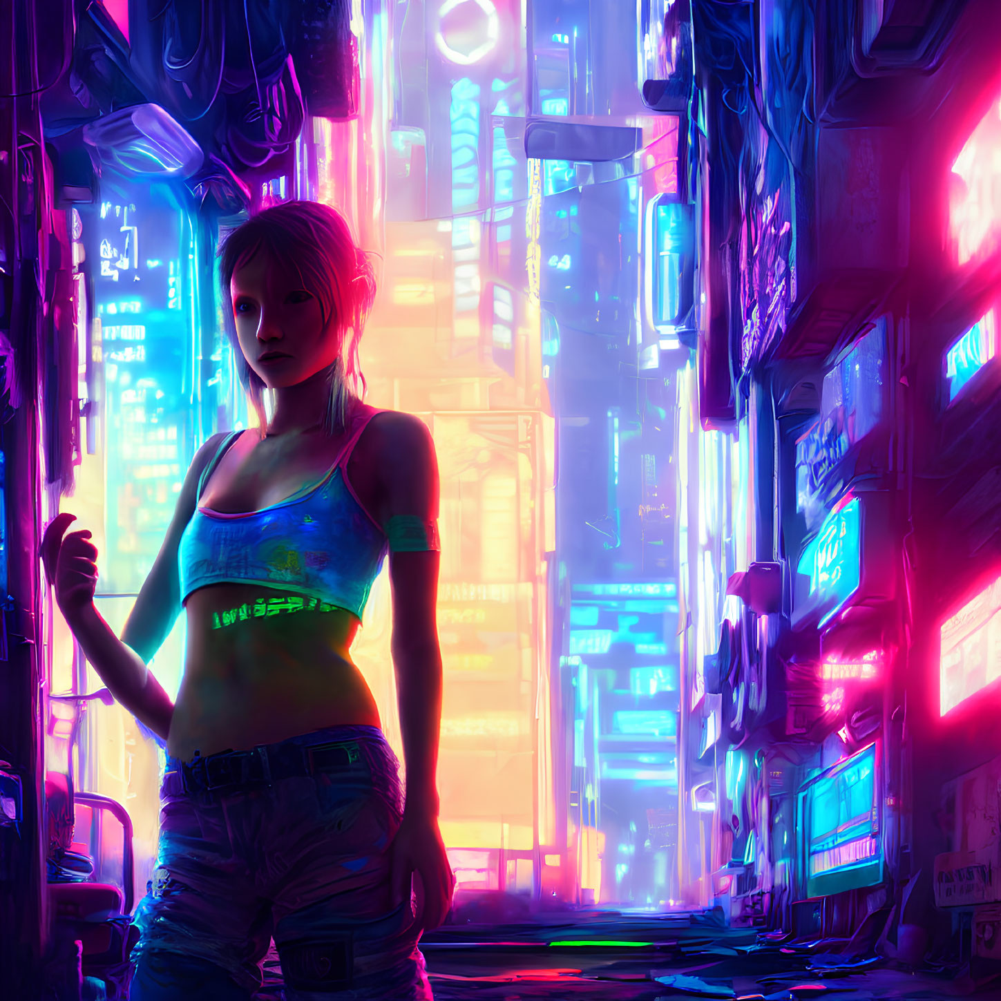 Vibrant neon-lit futuristic alley with luminous skyscrapers