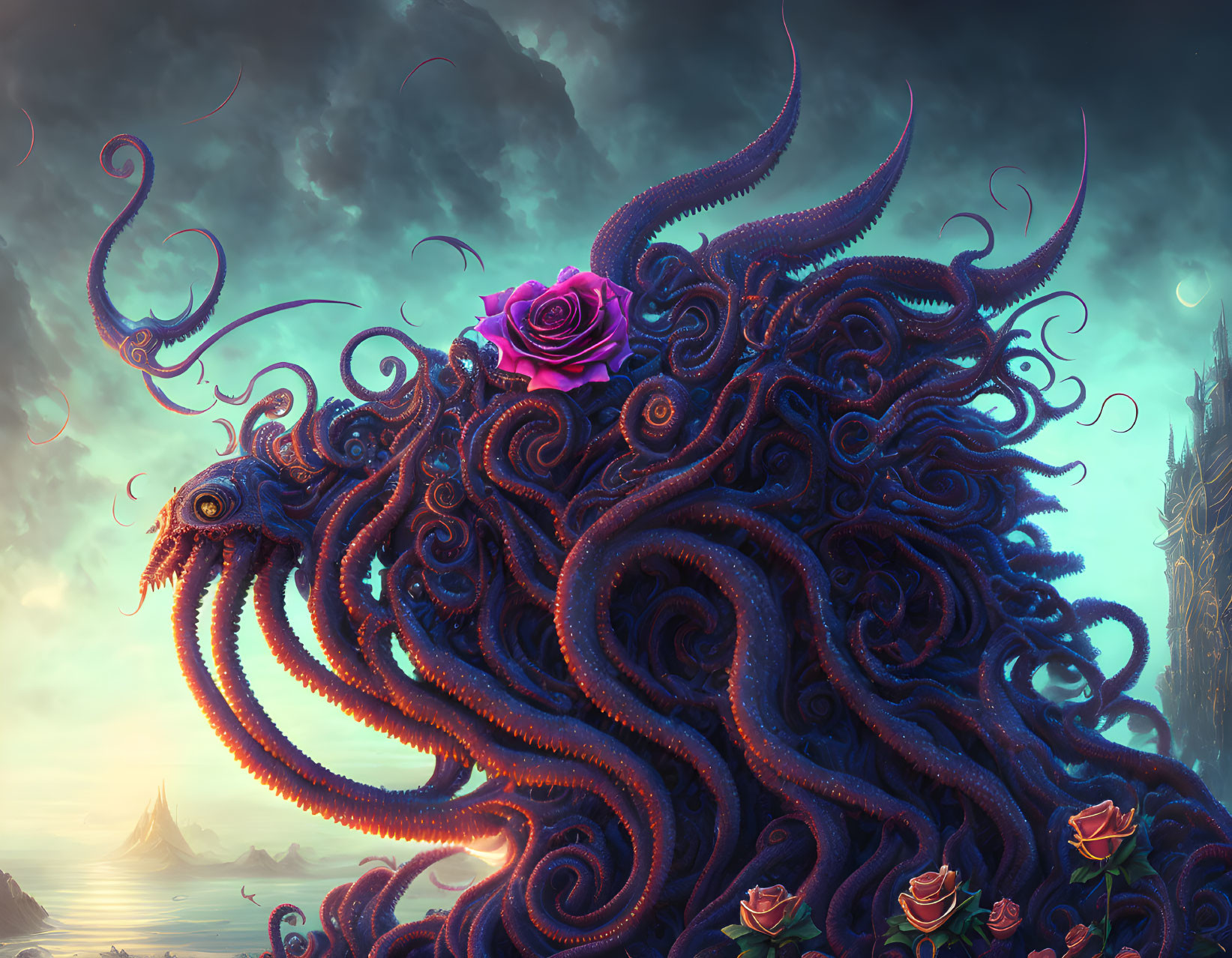 Fantasy Artwork: Colossal Octopus with Rose-Adorned Tentacles