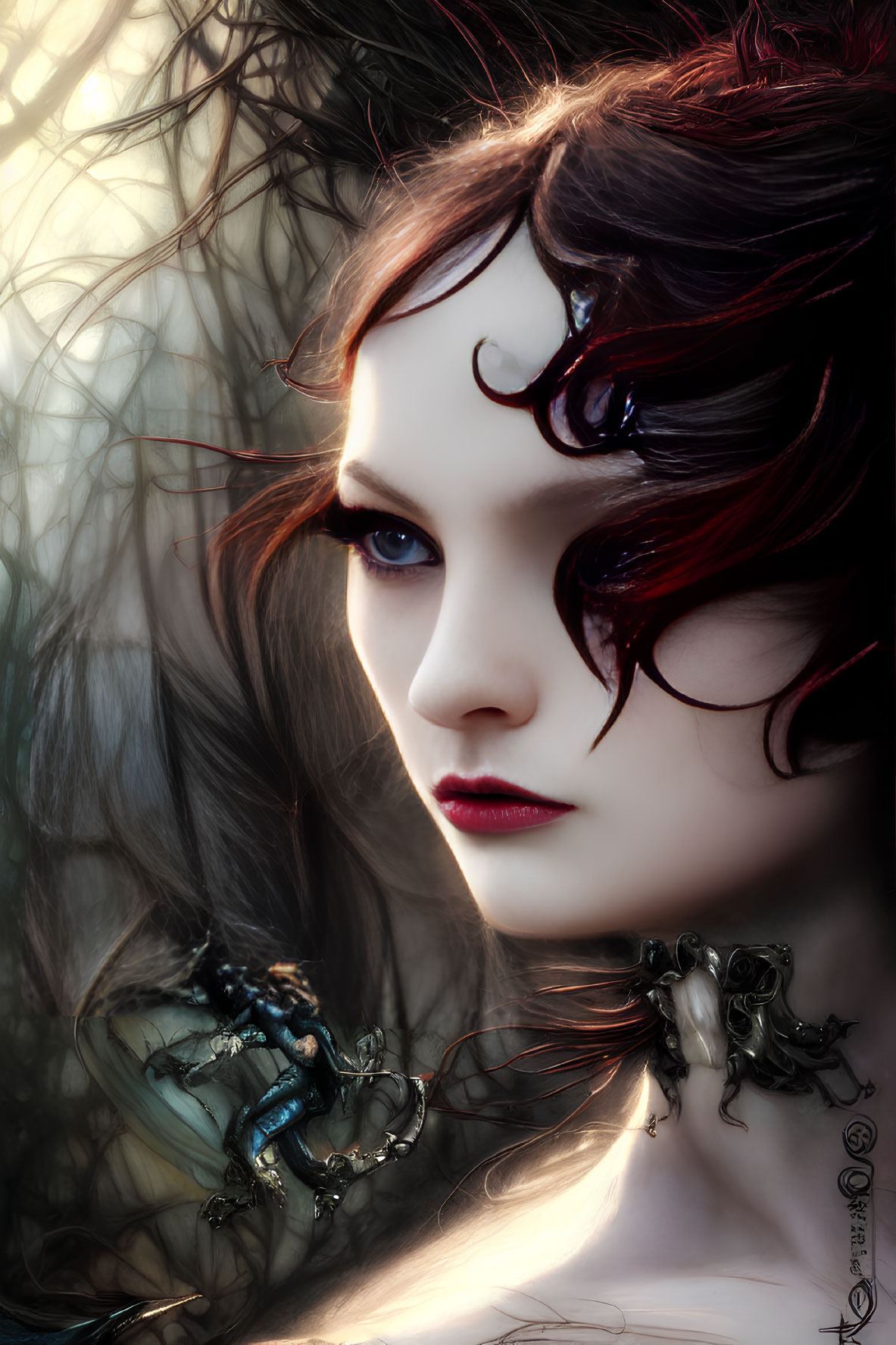 Digital portrait of woman with pale skin, dark hair, and fantasy creatures on shoulders