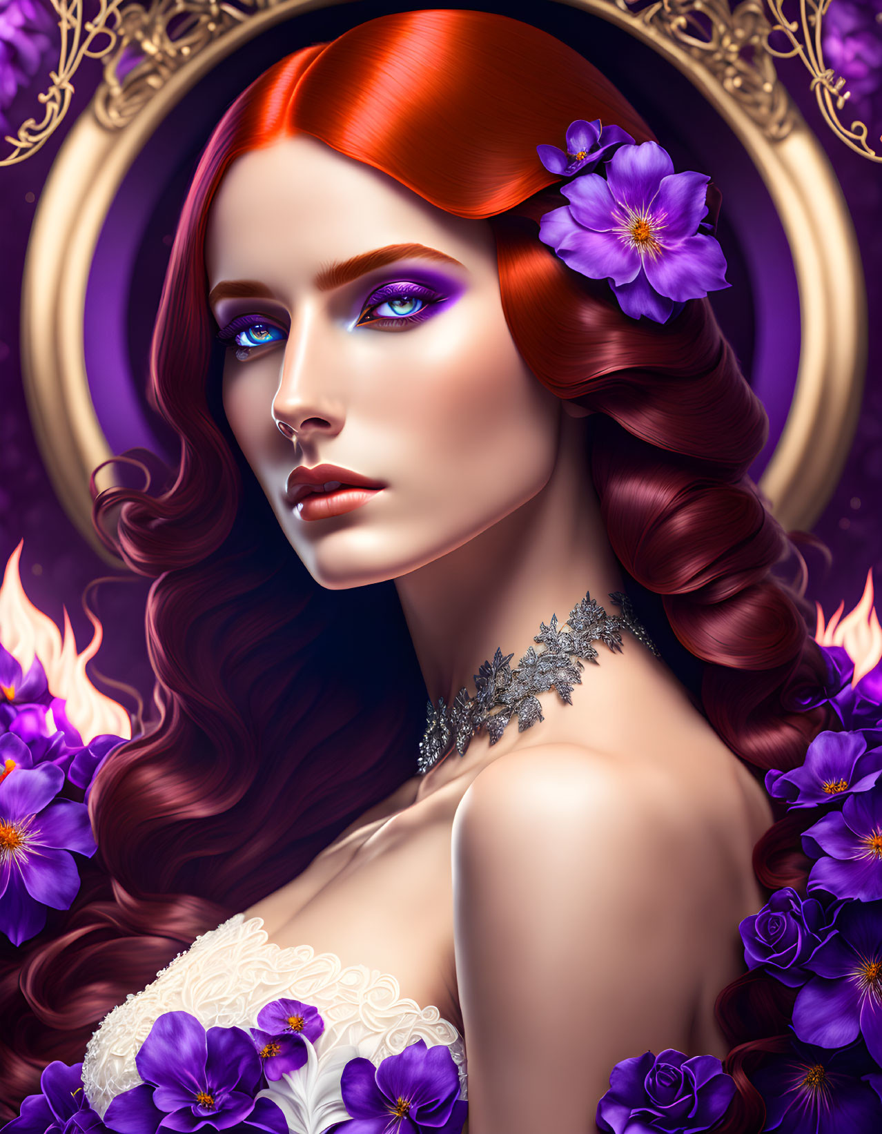 Illustrated woman with red hair and violet eyes in purple floral motif against golden ornate frame.