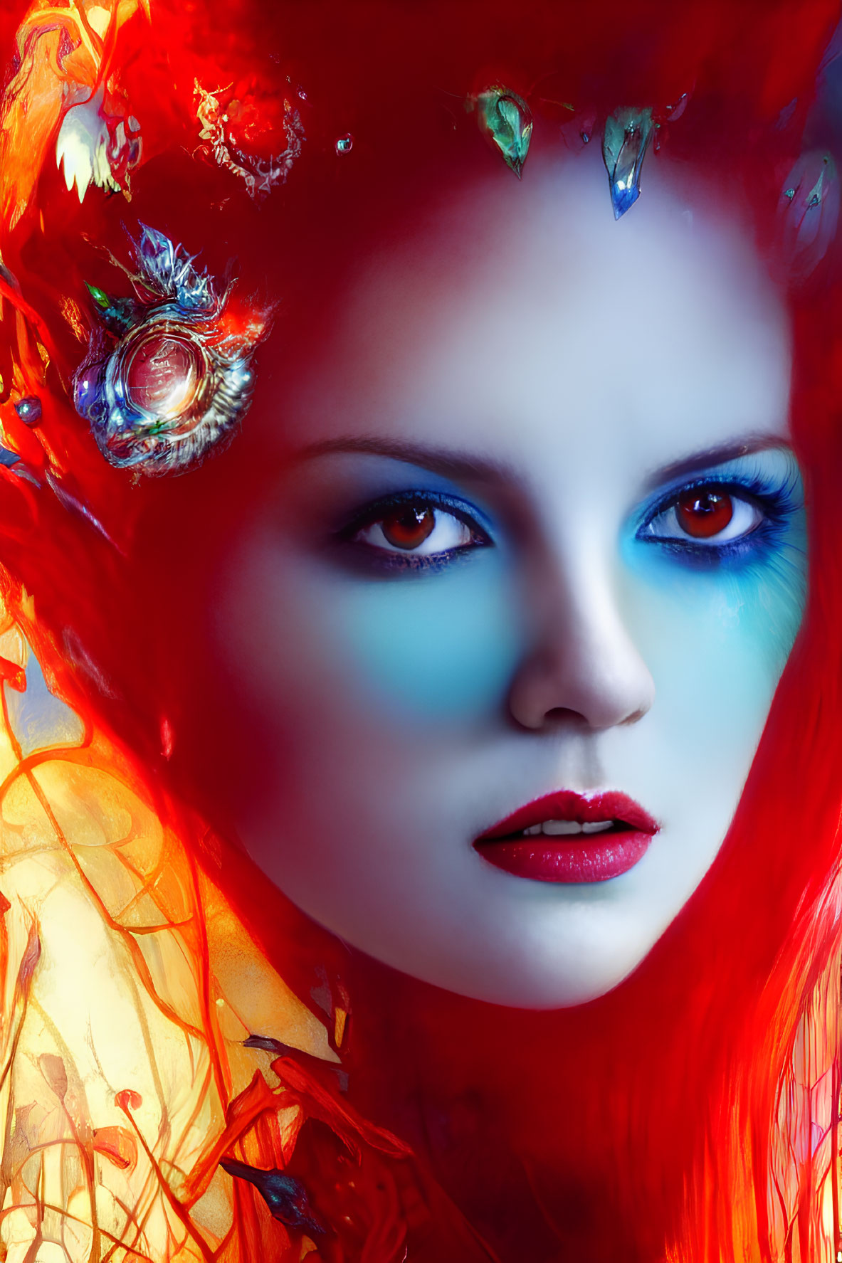 Vibrant red-haired woman with crystal and shell accessories in fiery and icy setting