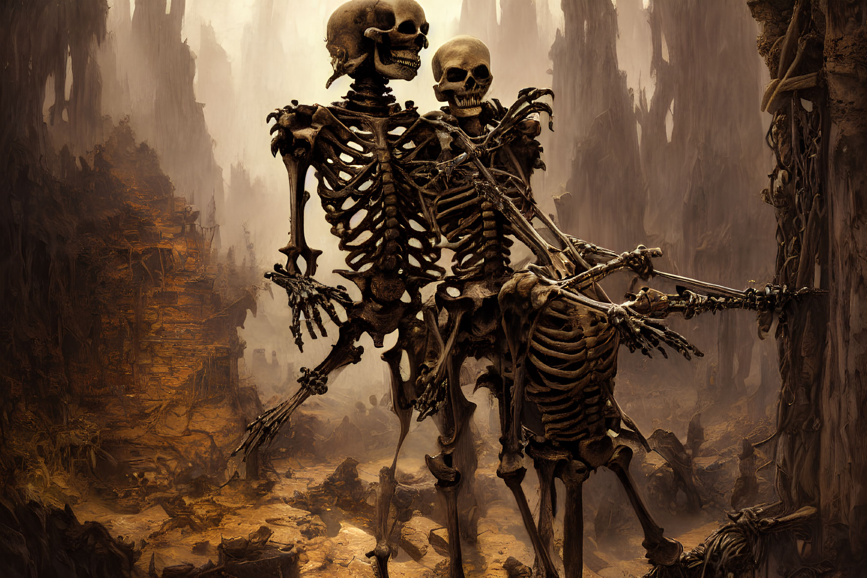 Digital artwork: Two skeletons in dark forest, one standing, one on horseback, engaged in dialogue