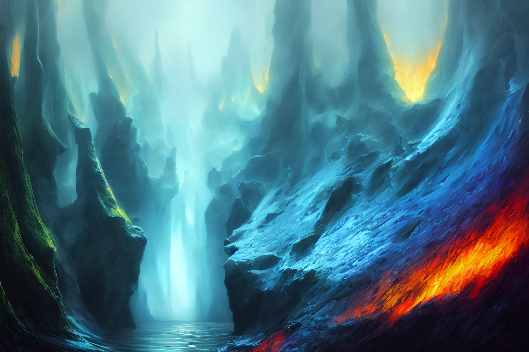 Mystical landscape with cliffs, river, lava flows, and ethereal glow