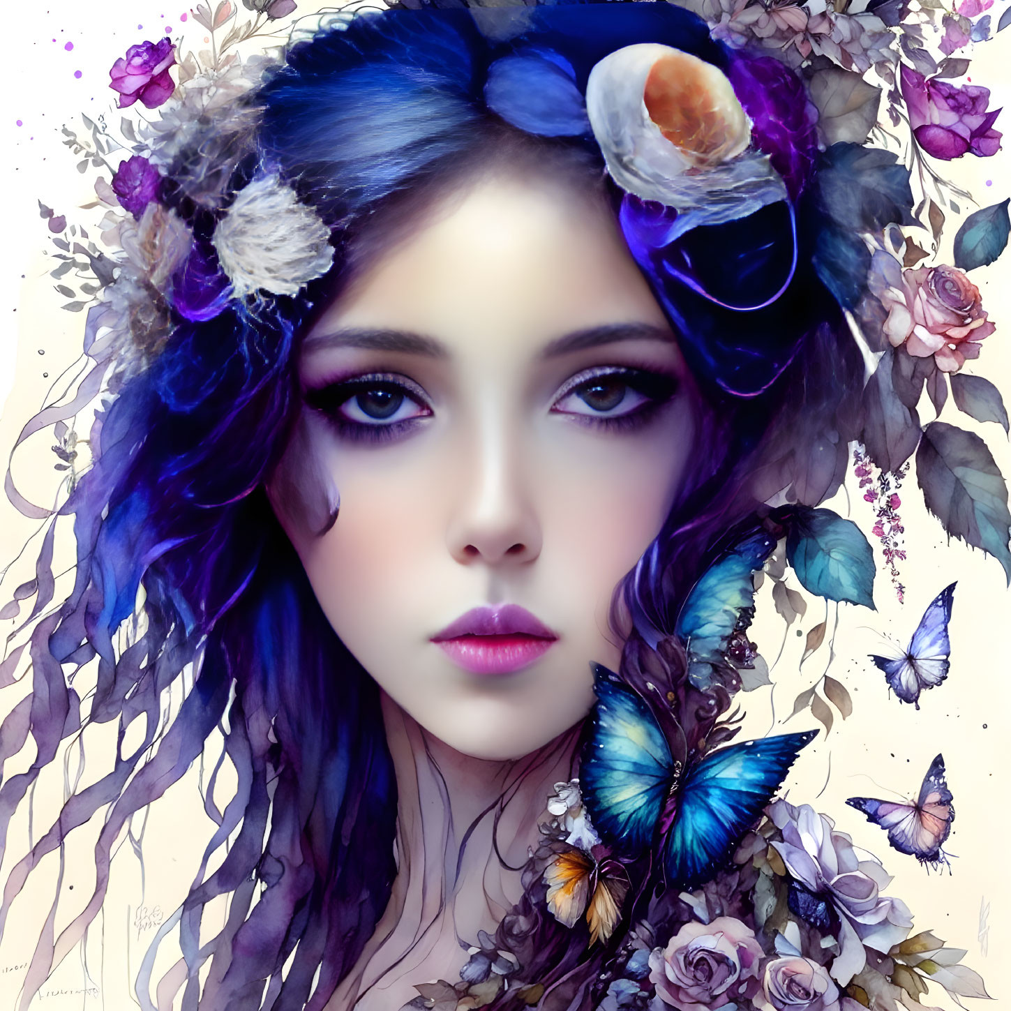 Vibrant digital portrait of woman with violet hair and fantasy theme