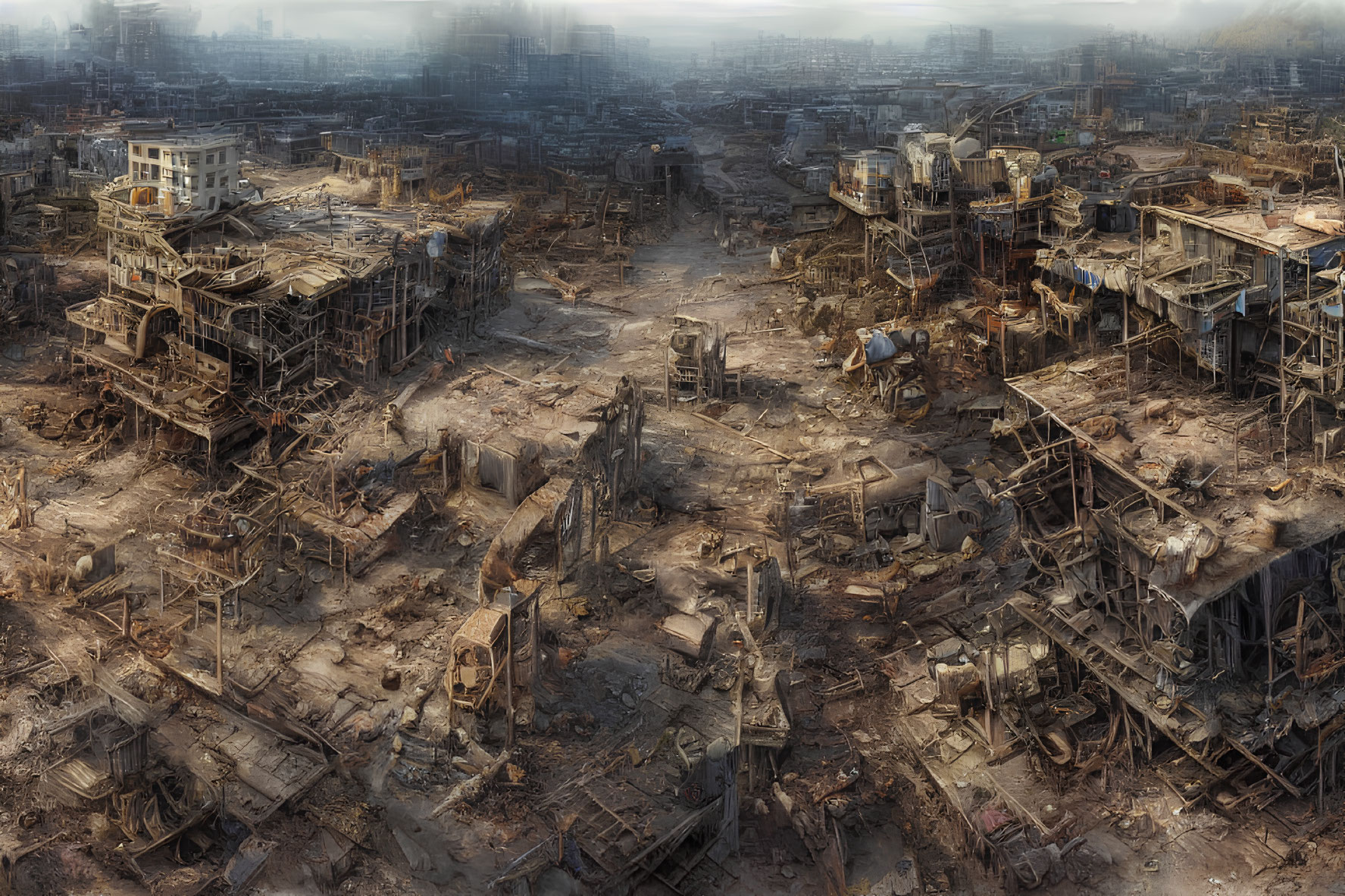 Desolate post-apocalyptic landscape with ruined buildings and debris.