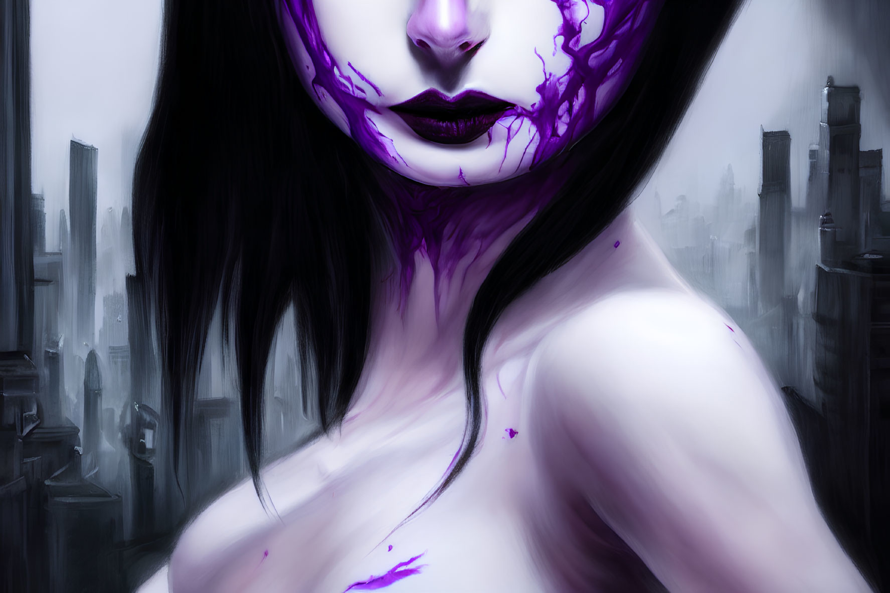 Digital artwork: Woman with purple glow markings on pale skin against cityscape.