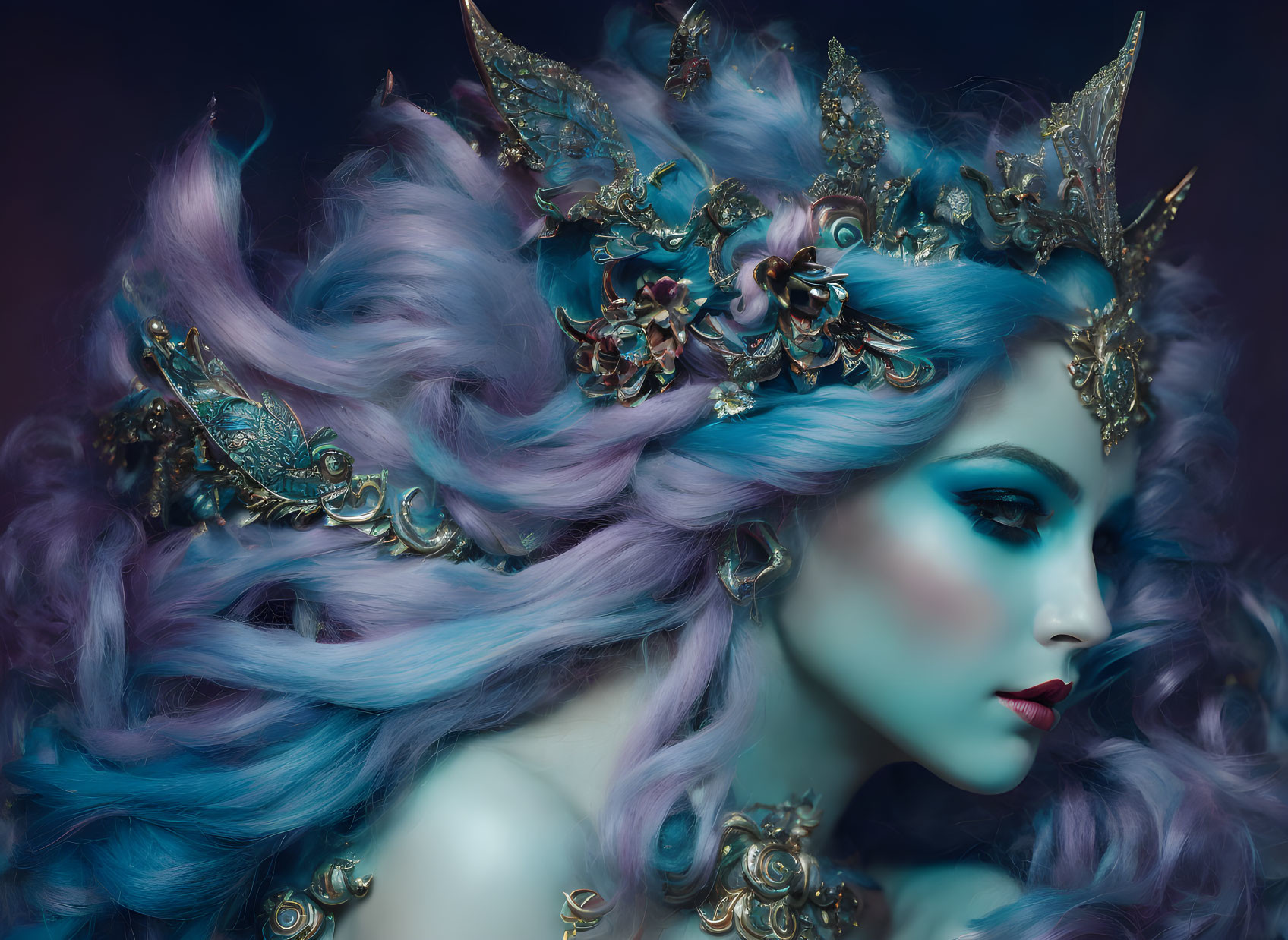 Fantasy portrait of woman with blue skin and lilac hair wearing golden crown.