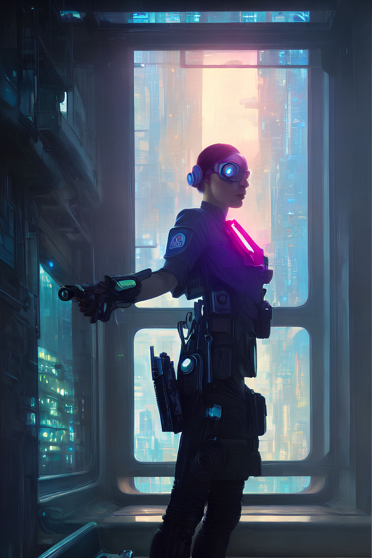 Futuristic soldier with glowing goggles and weapon overlooking neon-lit cityscape