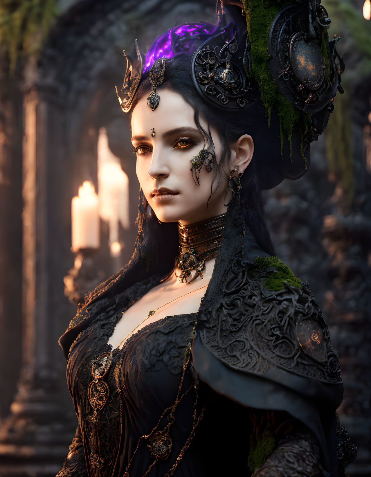 Gothic fantasy portrait of woman in dark attire with purple gem