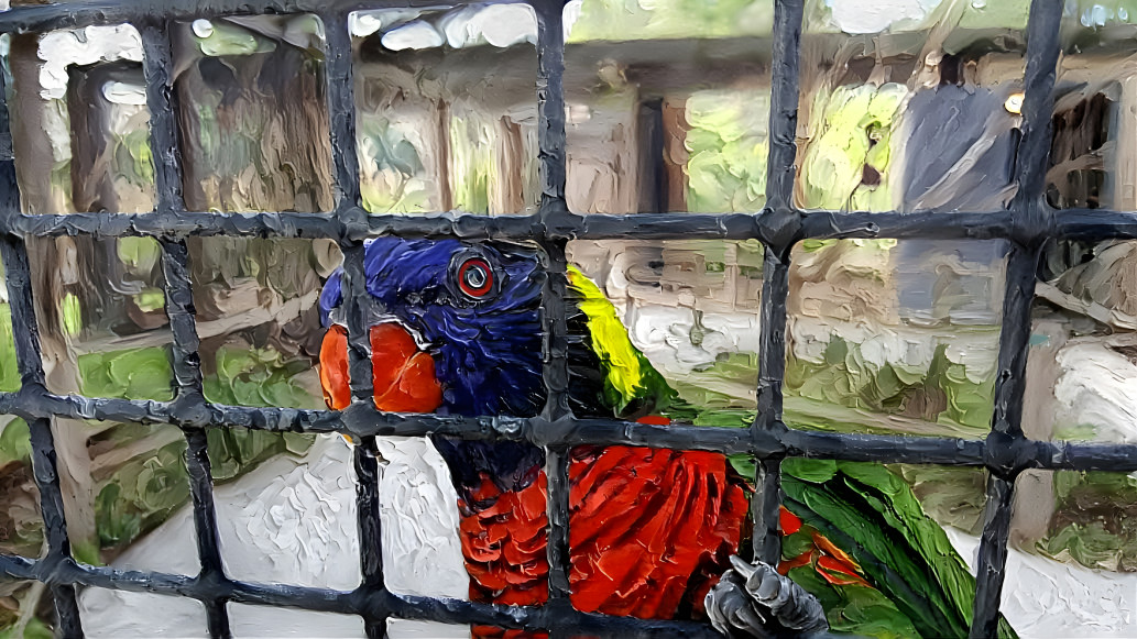 Bird peering through cage