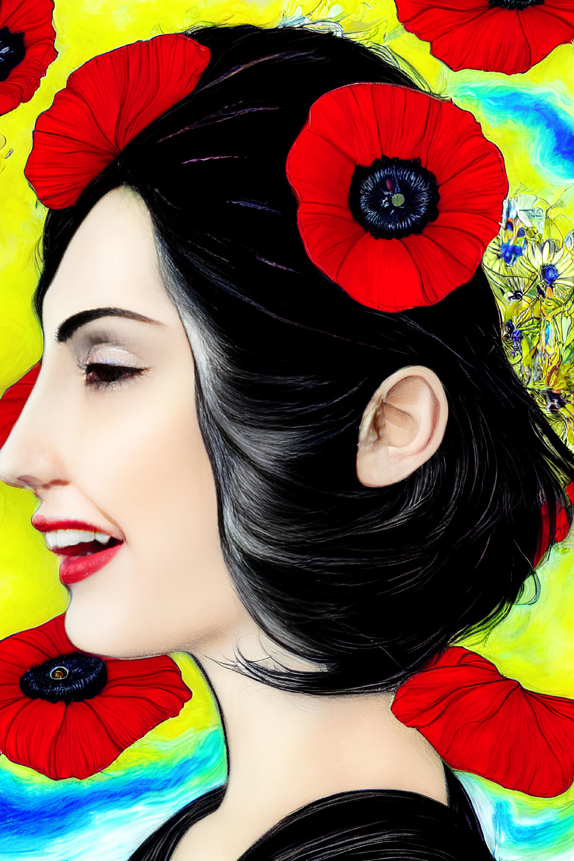 Smiling woman with dark hair among red poppies and abstract background