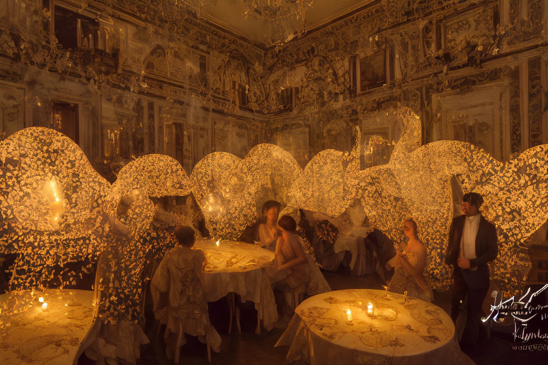 Luxurious Baroque-themed room with elegant guests and illuminated floral sculptures