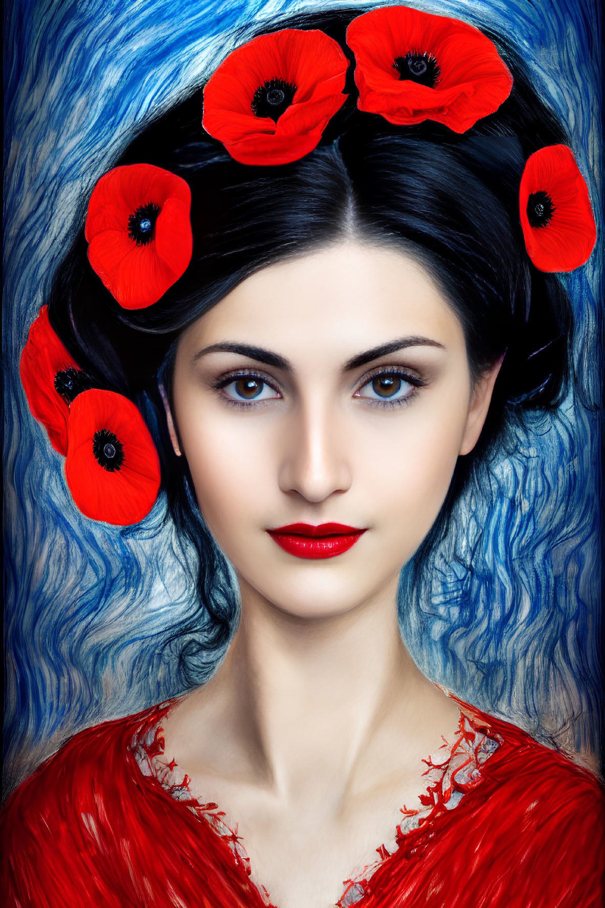 Striking blue hair woman with red poppies on rich blue background