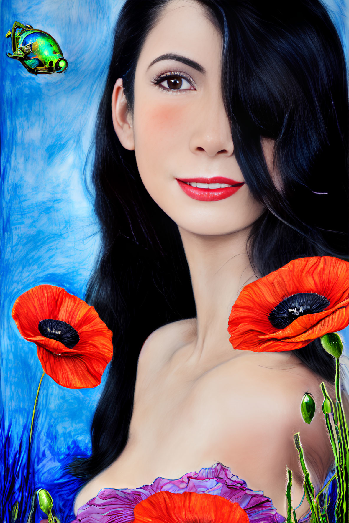 Dark-haired woman with red lipstick among red poppies and green frog on blue backdrop