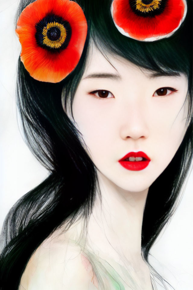 Digitally altered portrait of woman with red flower eyes and flowing black hair