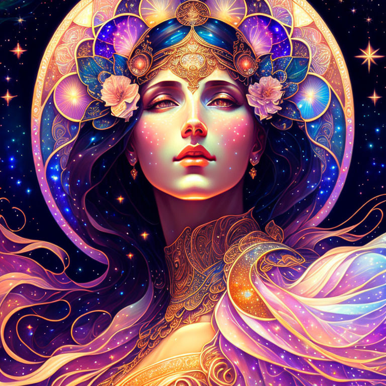 Colorful cosmic-themed woman illustration with night-sky elements, golden jewelry, and multicolored hair