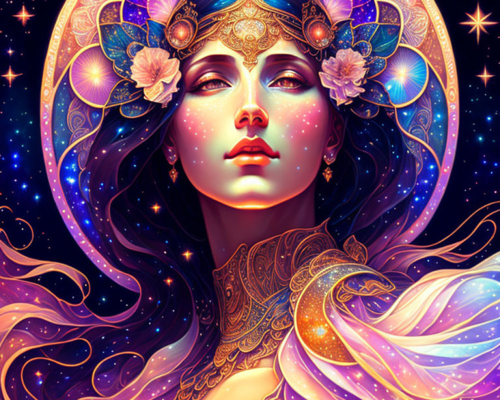 Colorful cosmic-themed woman illustration with night-sky elements, golden jewelry, and multicolored hair