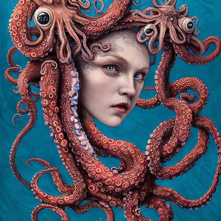 Surreal portrait: person with octopus tentacles in hair on blue backdrop