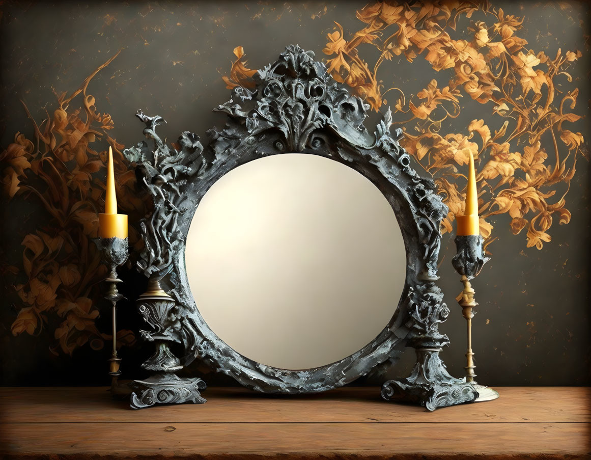 Vintage Baroque Mirror with Candles and Floral Wall Relief