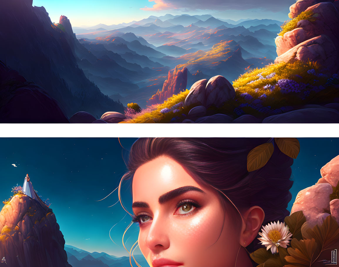 Vivid diptych: mountain landscape and woman with green eyes